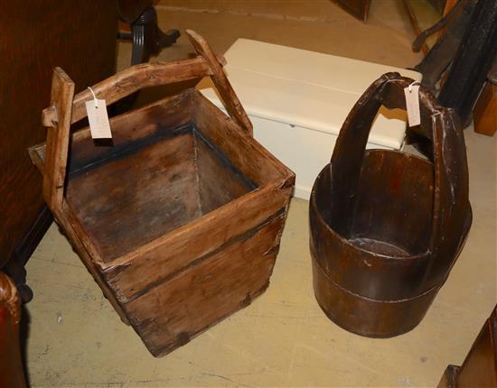 A Victorian painted pine trunk and two Chinese grain buckets, largest bucket 45cm wide, depth 41cm, height 67cm